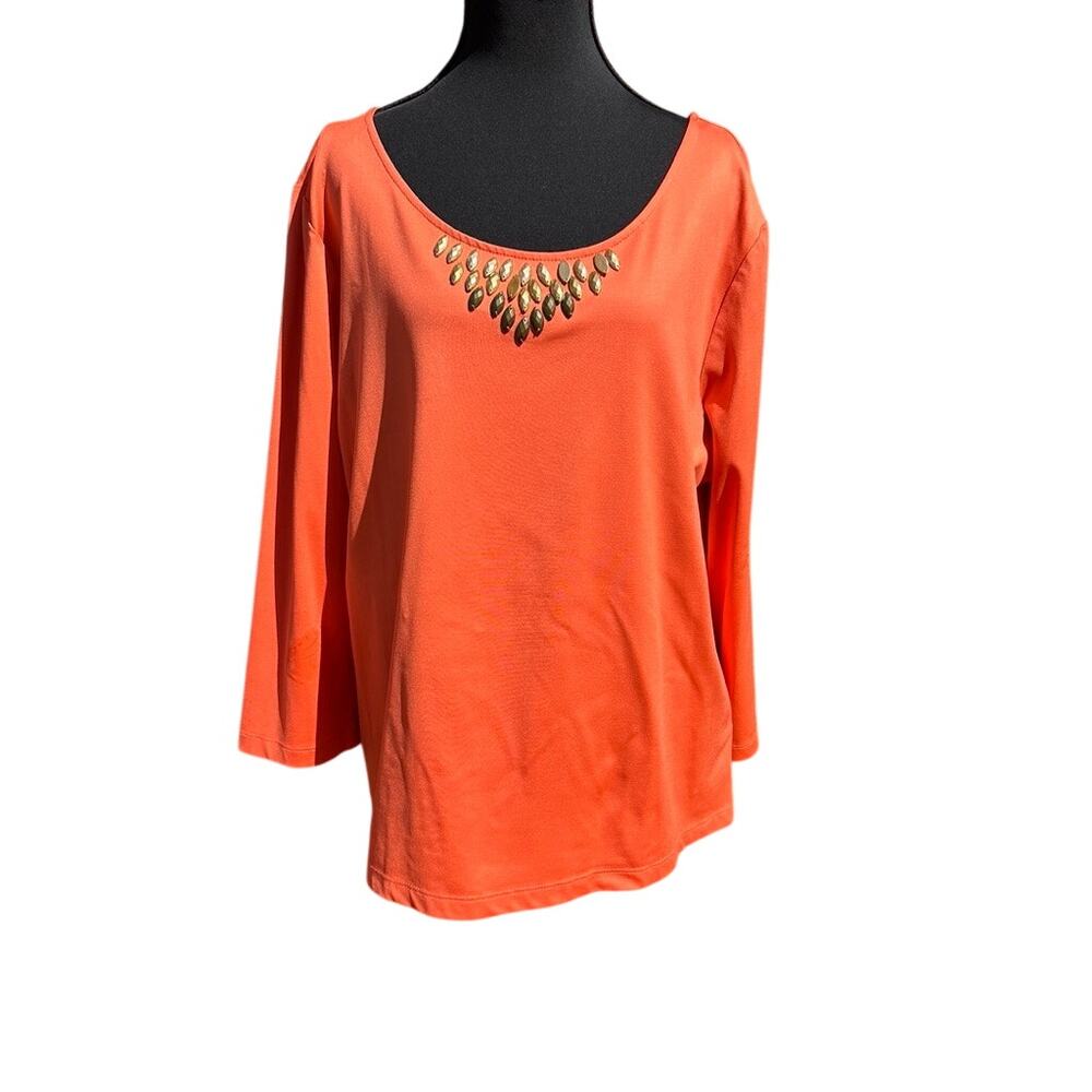 Ruby Rd Womens XL Orange Scoop Neck Top Embellished 3/4 Sleeve Stretch